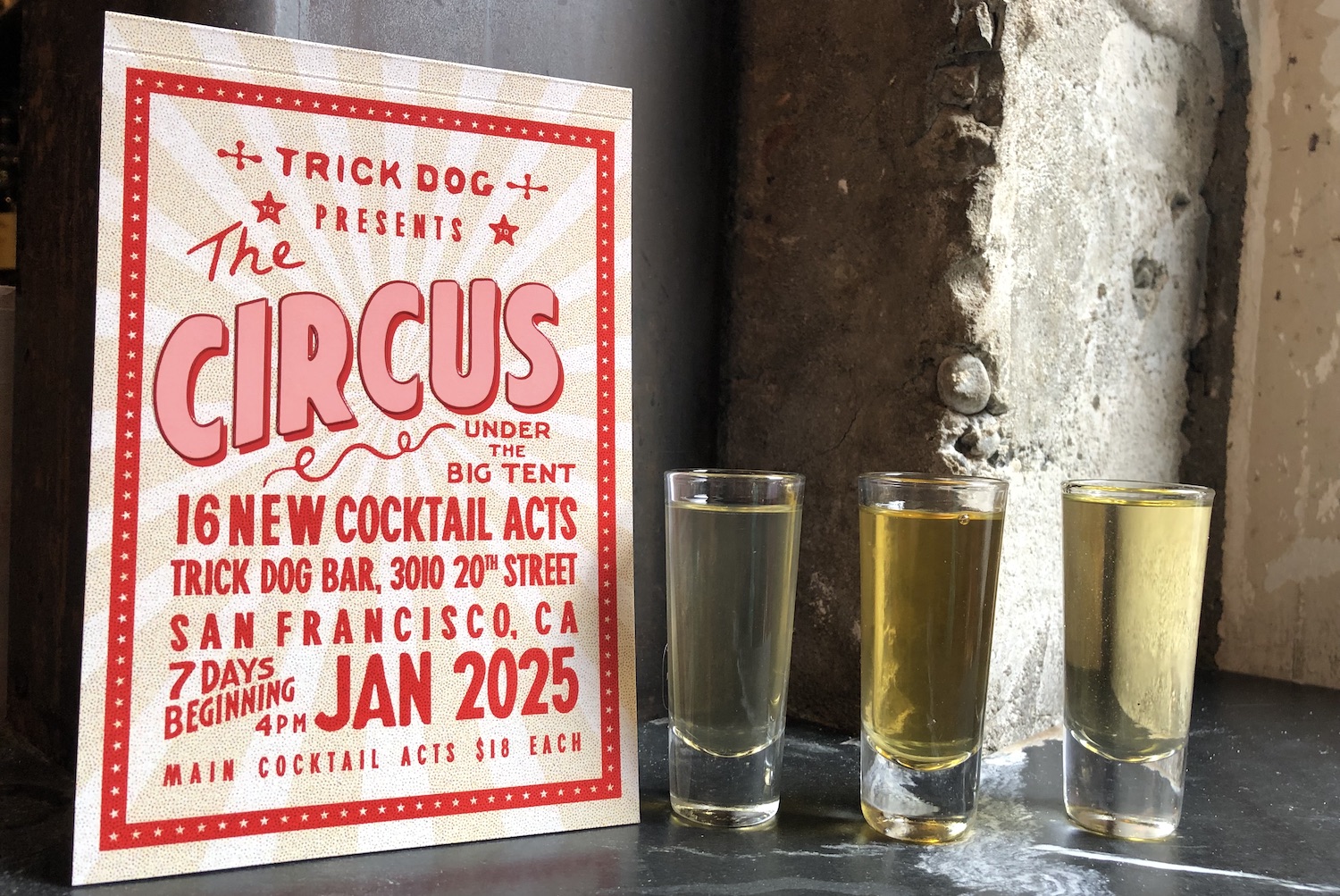 The lineup of circus-themed shots at Trick Dog