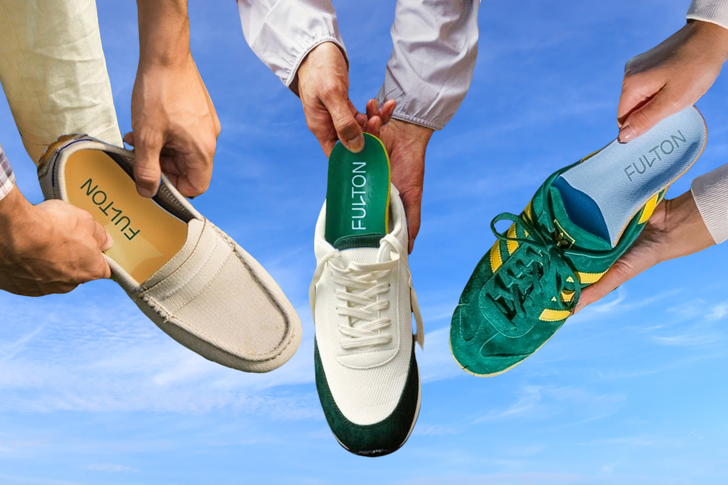 Three hands holding different shoes with Fulton insoles inside, showcasing their versatility for dress shoes, sneakers, and athletic footwear against a blue sky background.