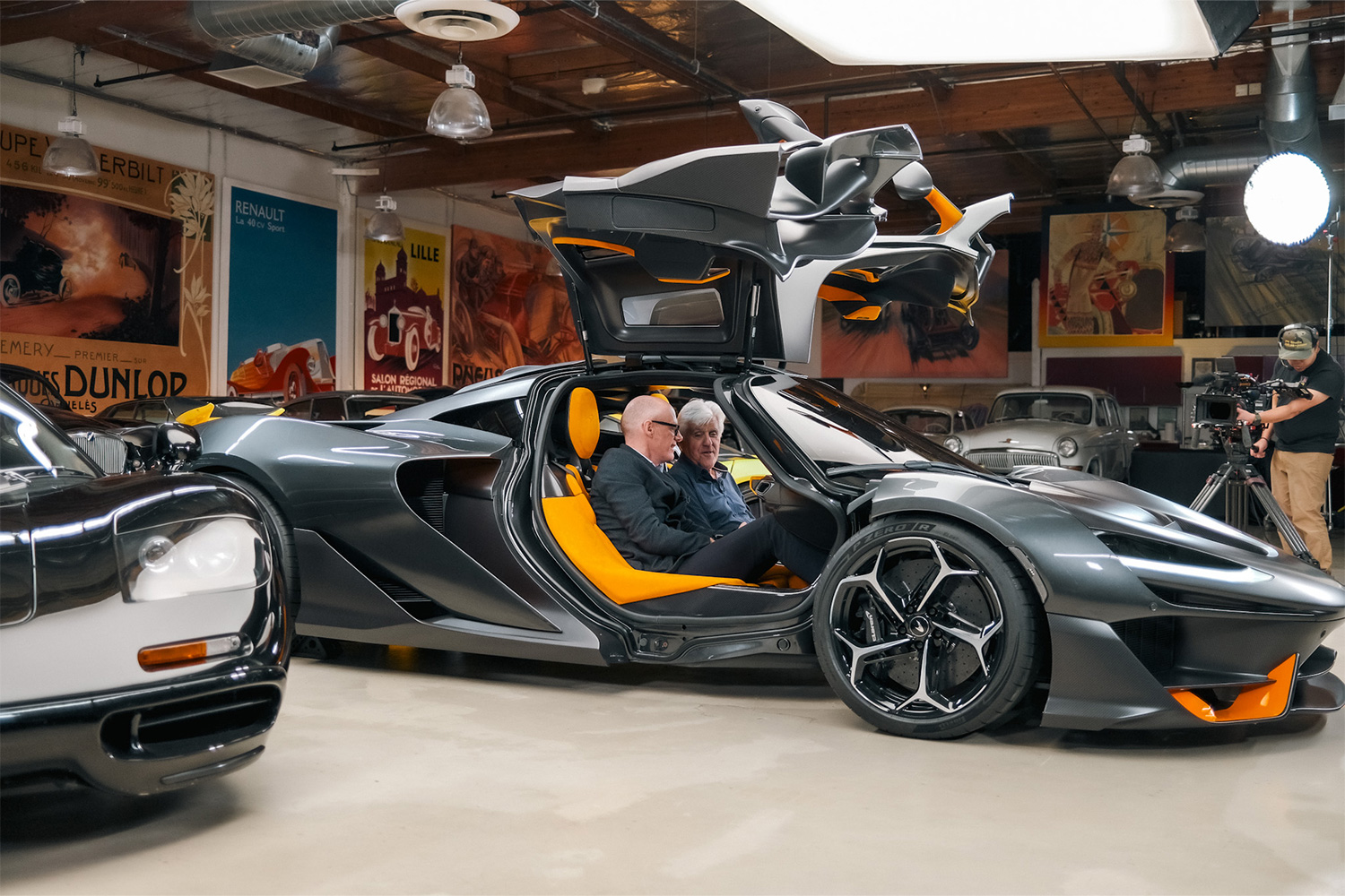 McLaren Automotive CEO Michael Leiters and Jay Leno sit in the new McLaren W1 supercar