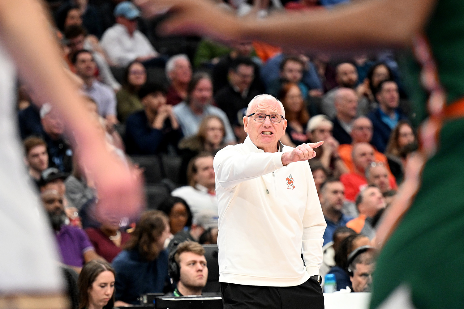 : Head coach Jim Larranaga of the Miami Hurricanes watches the game against the Boston College Eagles in the First Round of the ACC Men's Basketball Tournament at Capital One Arena on March 12, 2024 in Washington, DC