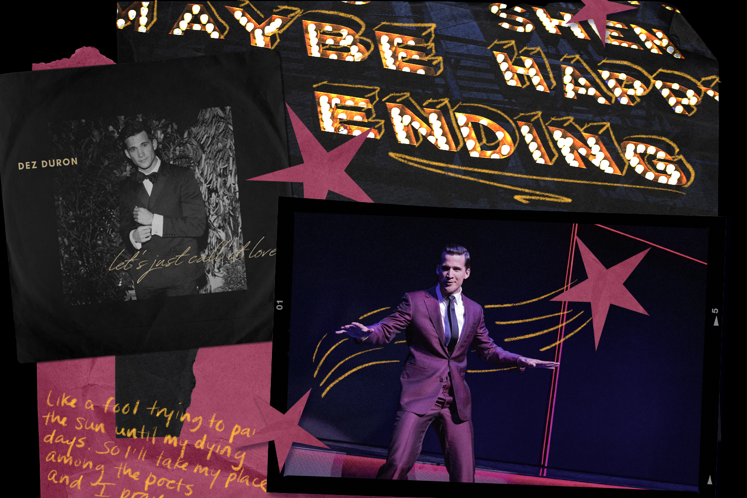The cover for Dez Duron's single "Let's Just Call It Love" next to his character Gil Brentley in "Maybe Happy Ending"