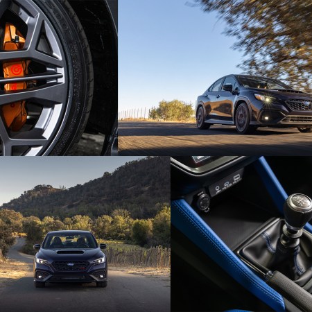 The 2025 Subaru WRX tS, with close-ups on the wheels and stick shift as well as views outside the car