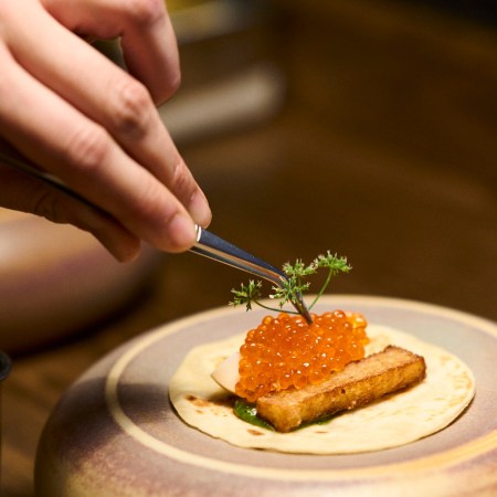 Person plating caviar