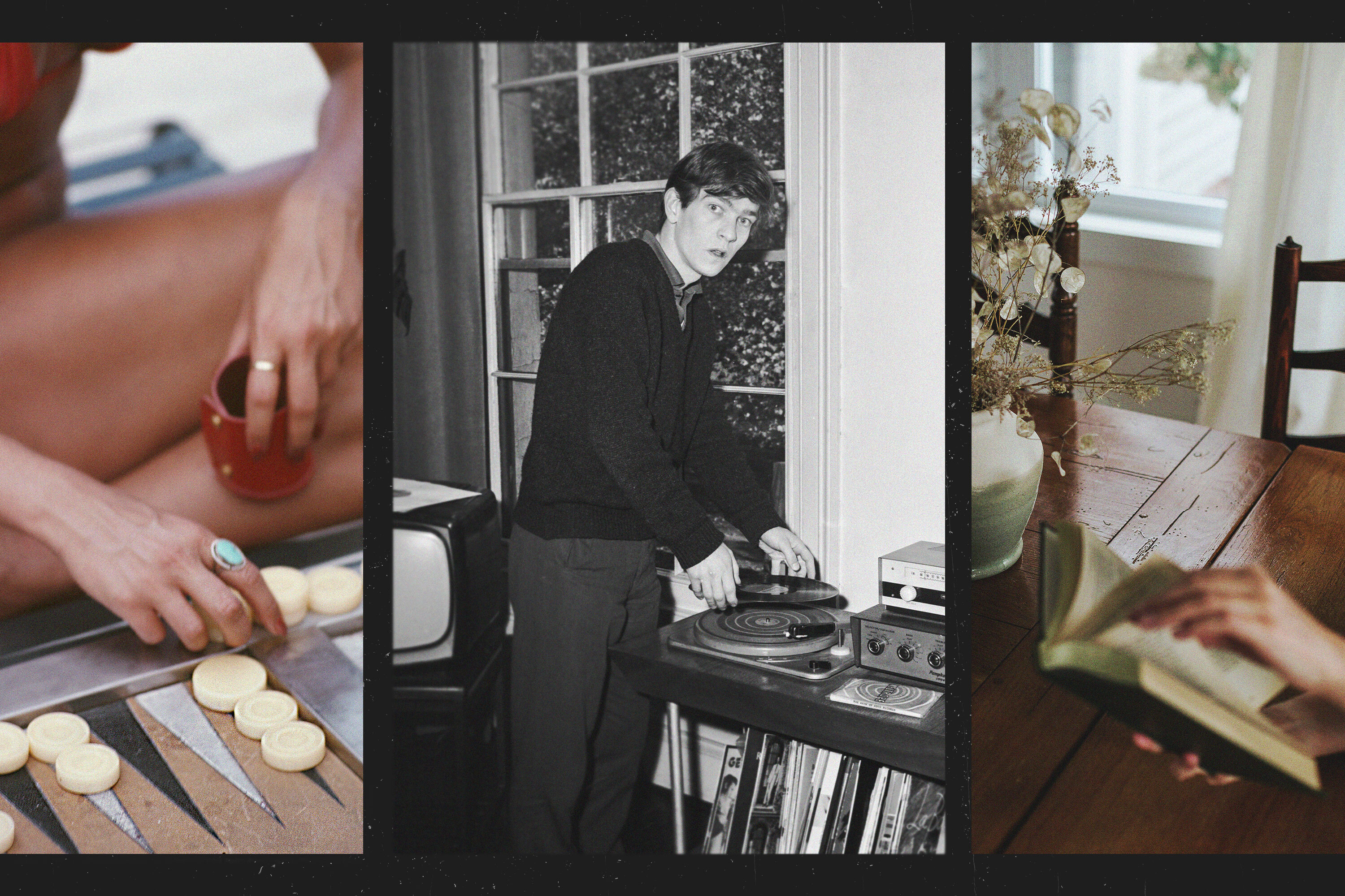 Three analog scenes: a woman playing backgammon, a man using a record player, and a person reading a book at a wooden table. Here's how to unplug and lead a more analog life.
