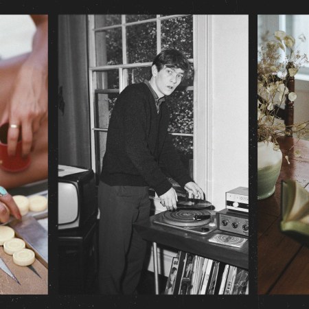 Three analog scenes: a woman playing backgammon, a man using a record player, and a person reading a book at a wooden table. Here's how to unplug and lead a more analog life.