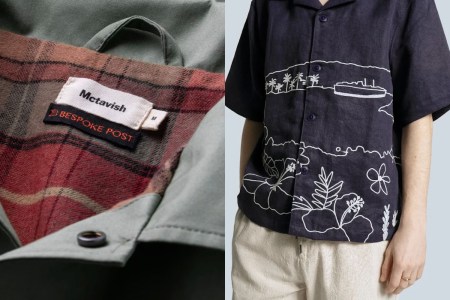 two images of a shirt label and a model in a navy shirt and tan pants