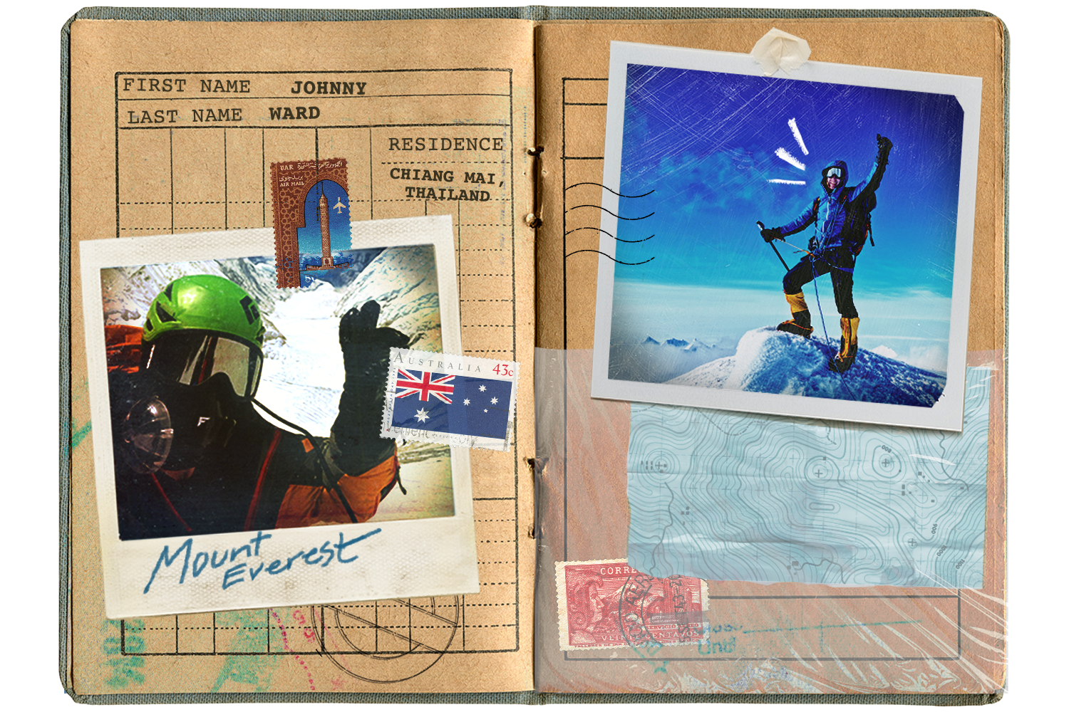 A mock passport with adventurer Johnny Ward pictured while summiting Mount Everest