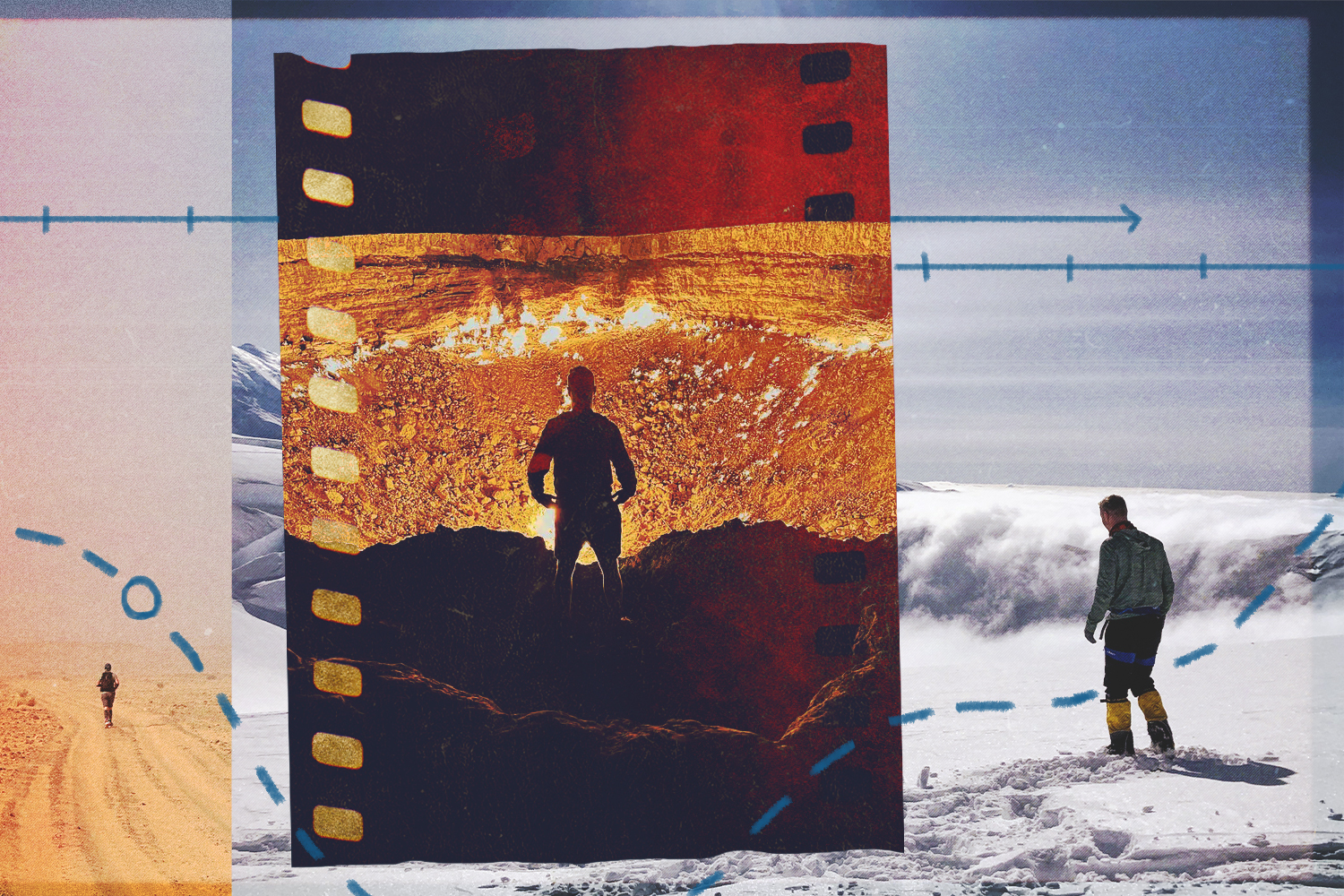 Adventurer Johnny Ward at the Gates of Hell in Turkmenistan, running in a desert and on top of a snowy mountain