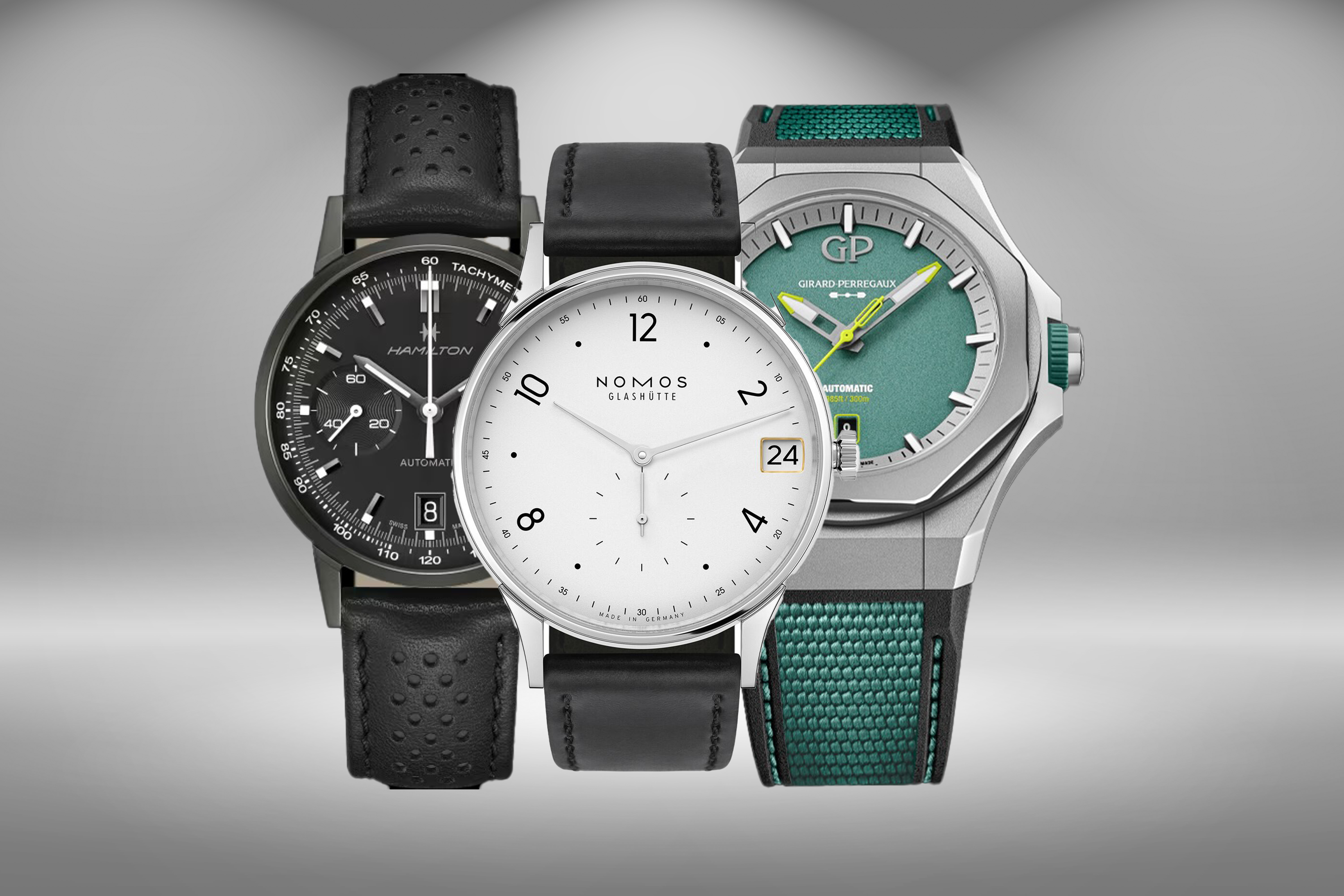 Hamilton Intra-Matic Auto Chrono; NOMOS Minimatik 39; Girard-Perregaux Laureato Absolute Aston