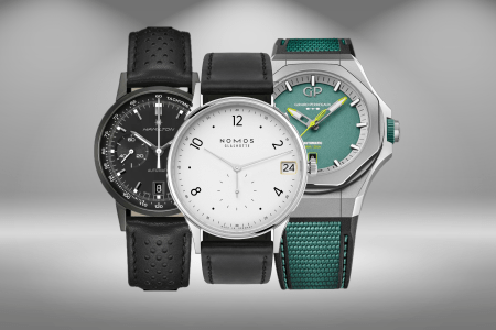 Hamilton Intra-Matic Auto Chrono; NOMOS Minimatik 39; Girard-Perregaux Laureato Absolute Aston
