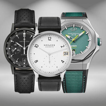 Hamilton Intra-Matic Auto Chrono; NOMOS Minimatik 39; Girard-Perregaux Laureato Absolute Aston