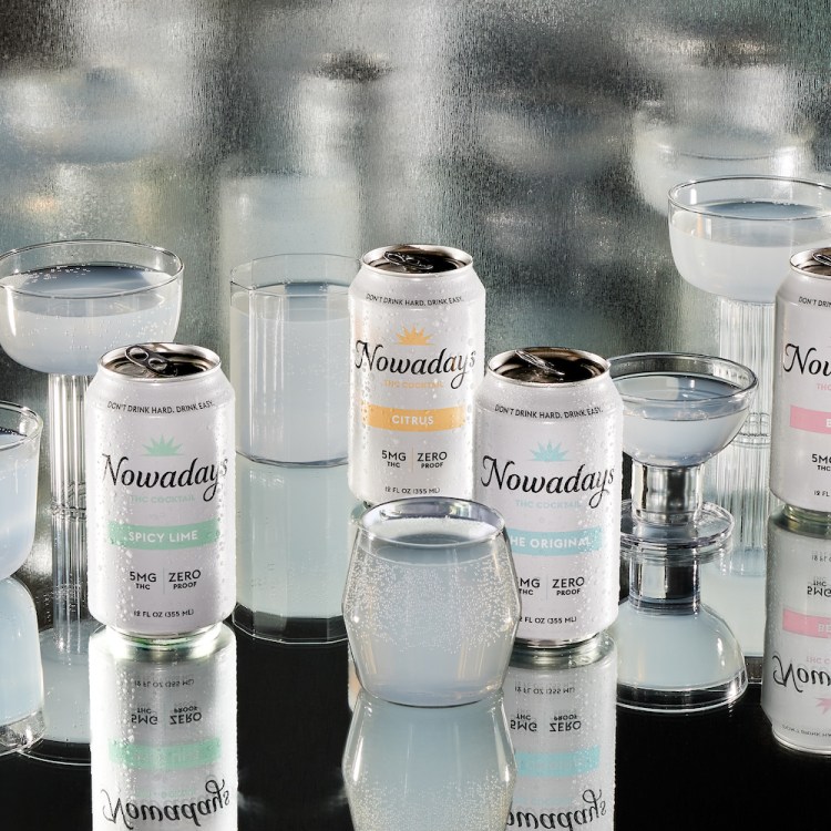 Cans and glasses of Nowadays canned THC beverage