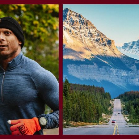 On left, an image of Sachin Latti running. On right, the open road in Canada.