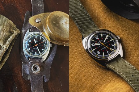 A Timex worn by watch writer Oren Hartov's father during military service in the 1970s, shown next to a reissue of a similar watch from Timex and Bespoke Post in 2025