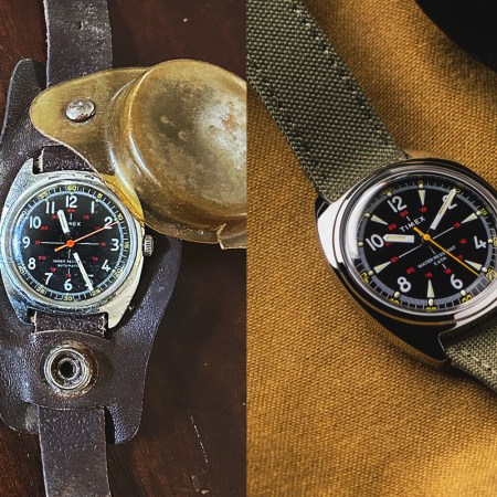 A Timex worn by watch writer Oren Hartov's father during military service in the 1970s, shown next to a reissue of a similar watch from Timex and Bespoke Post in 2025