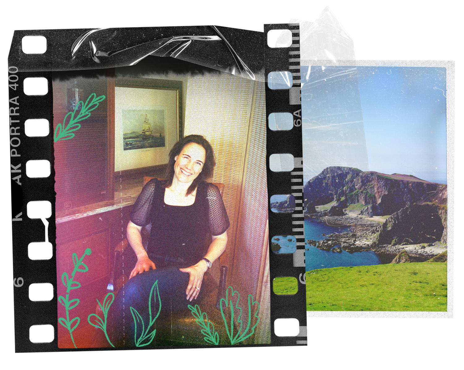 A photo of Annabel Thomas next to an image of Scotland