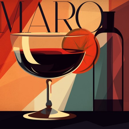 an illustration of a coupe glass with amaro and an orange slice