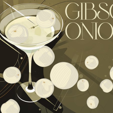 an illustration of a martini with gibson onions around it