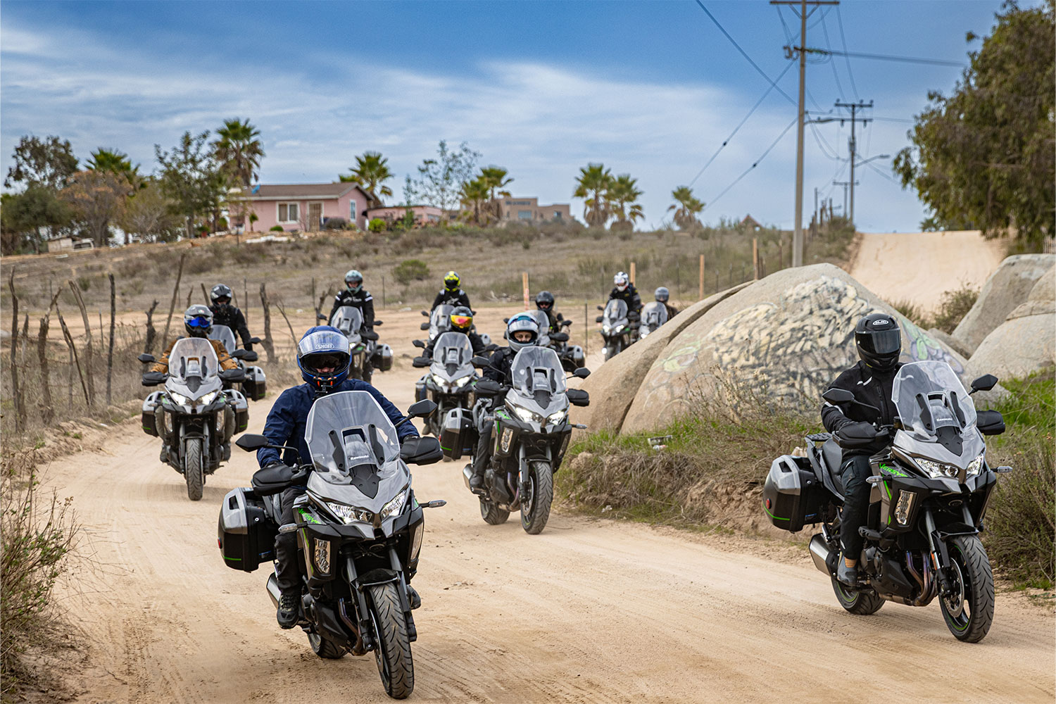 A group of motorcyclists all riding the new Kawasaki Versys 1100 SE