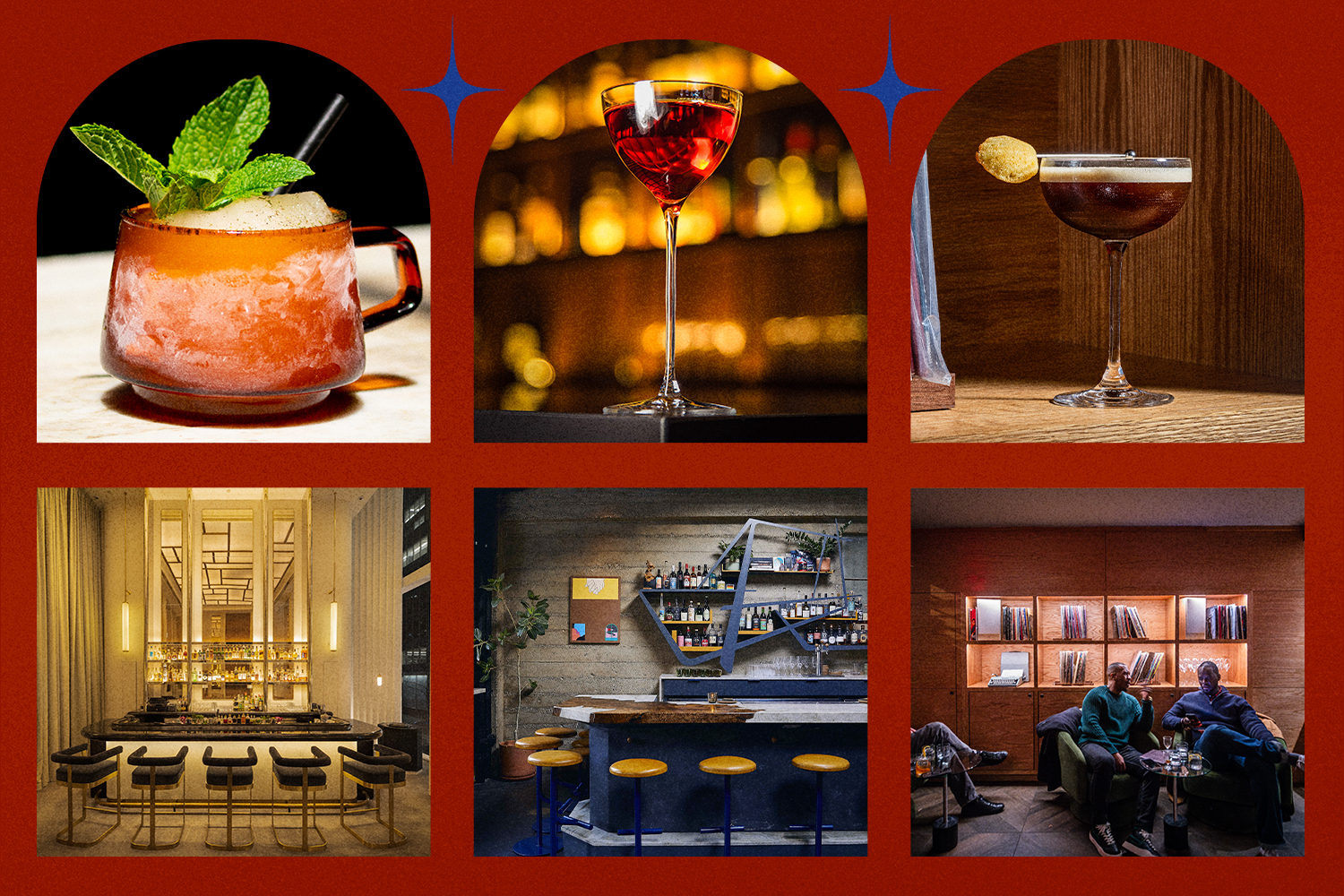 pictures of 3 cocktails and 3 bars surrounded by a red border