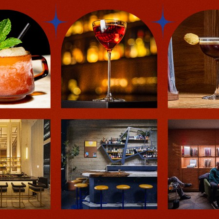 pictures of 3 cocktails and 3 bars surrounded by a red border