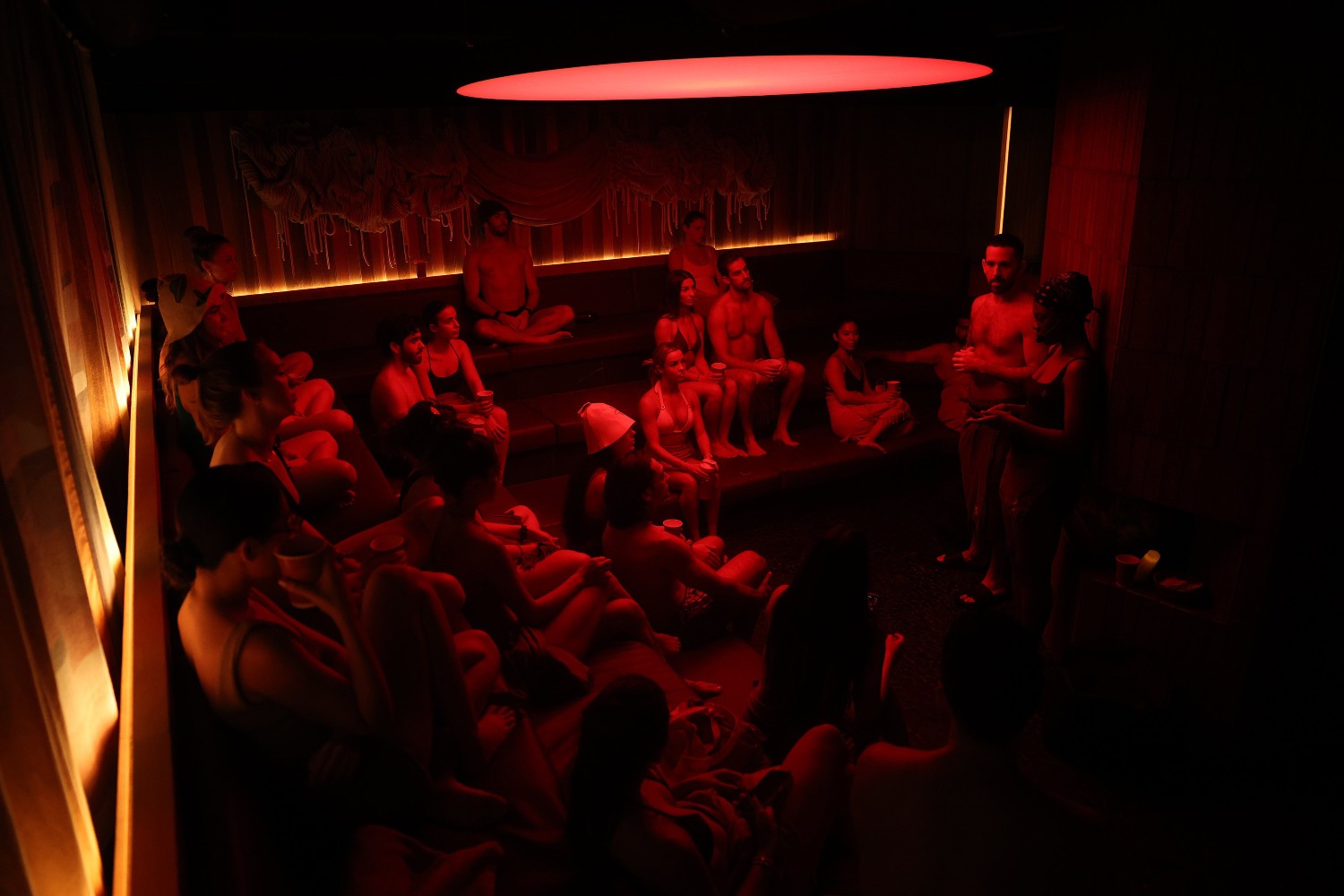 The sauna at Othership, a modern hot and cold therapy spa, in Ontario, Canada