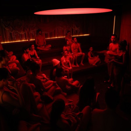The sauna at Othership, a modern hot and cold therapy spa, in Ontario, Canada
