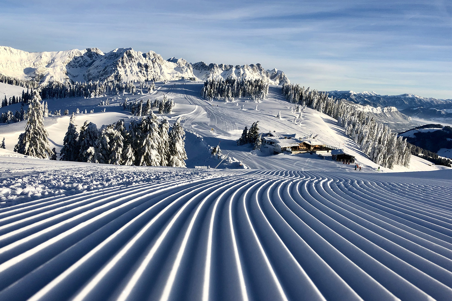Perfectly groomed ski slope at SkiWelt, Austria.
