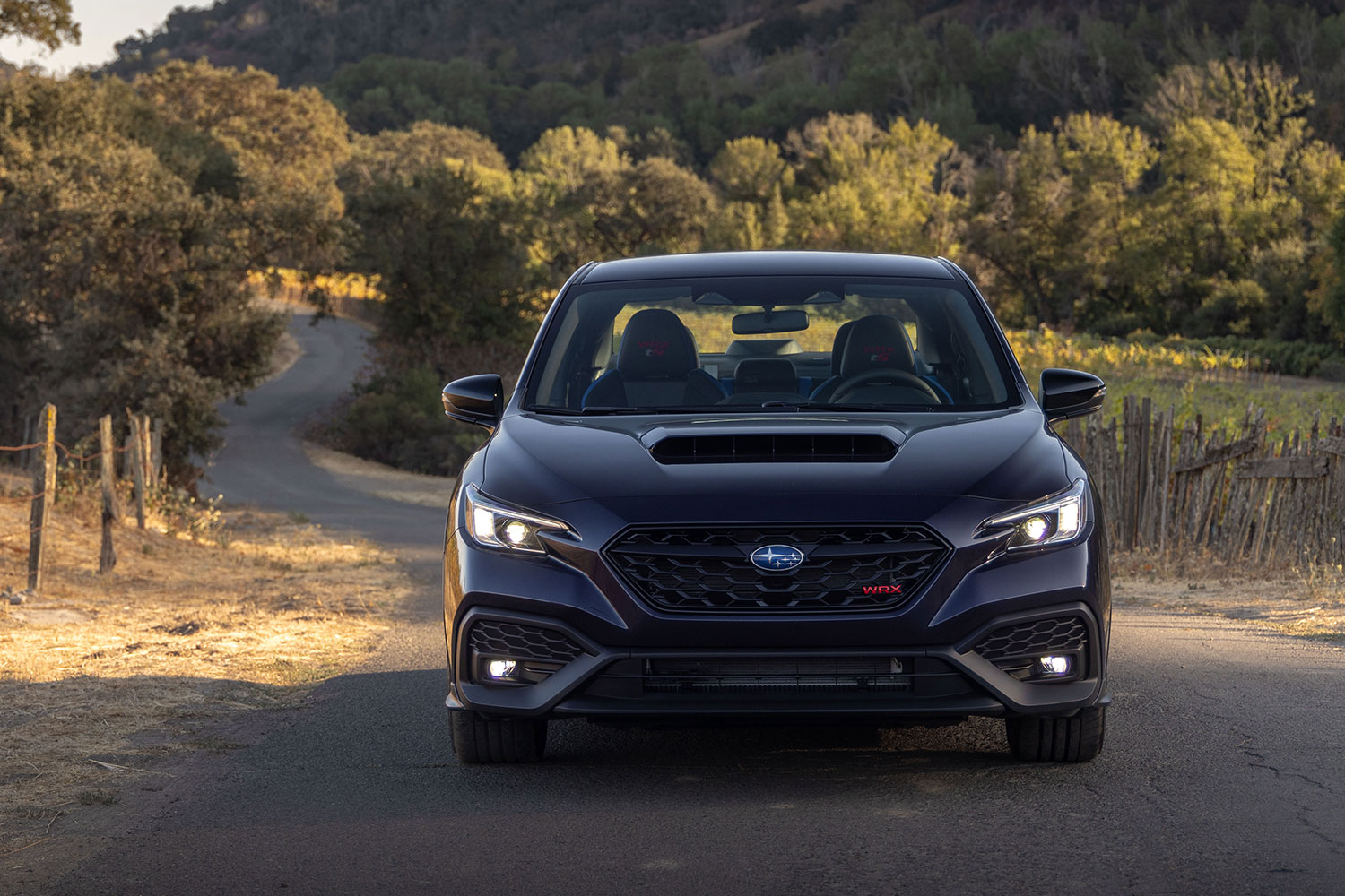 A Subaru WRX tS on a rural road in wine country