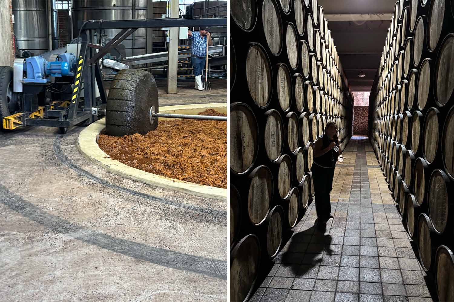 The tahona at El Tesoro's distillery; Jenny Camarena in the distillery's barrel cellar