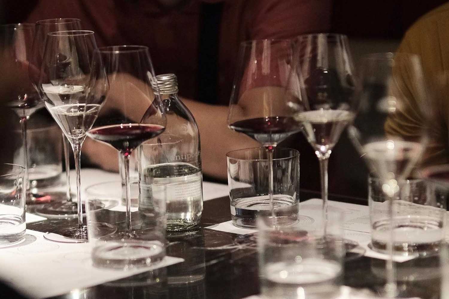 Antipodes water and wine tasting on a table