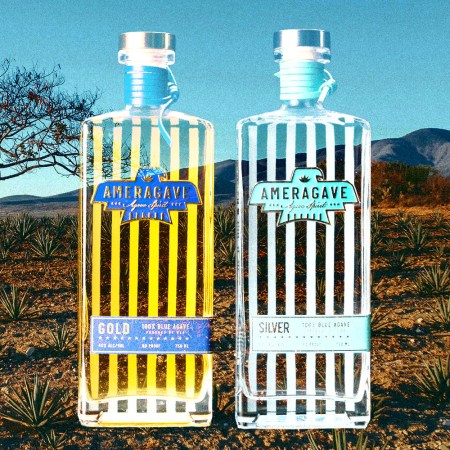 Ameragave bottles in front of an agave field