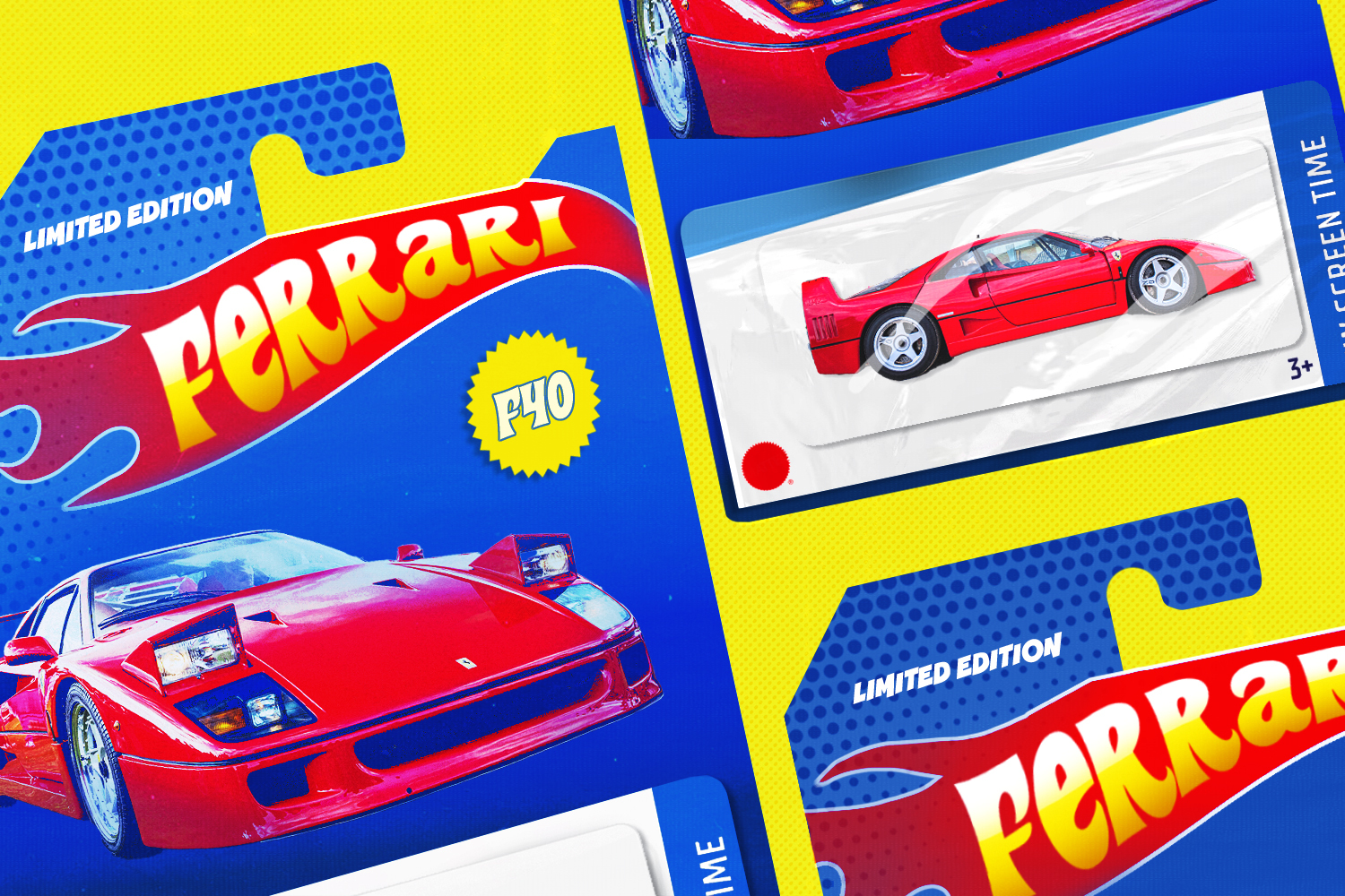 An illustration of a real Ferrari F40 in Hot Wheels packaging. The toy company just restarted its partnership with Ferrari after a 10-year hiatus.