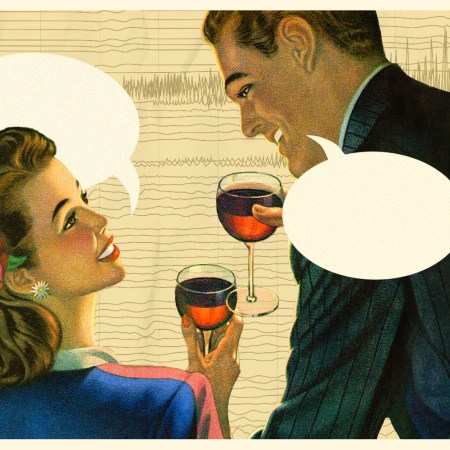 A man and woman talking about wine but saying nothing at a party