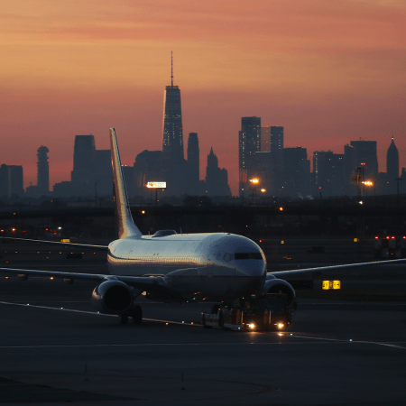 An aircraft taxing at Newark International Airport at dawn