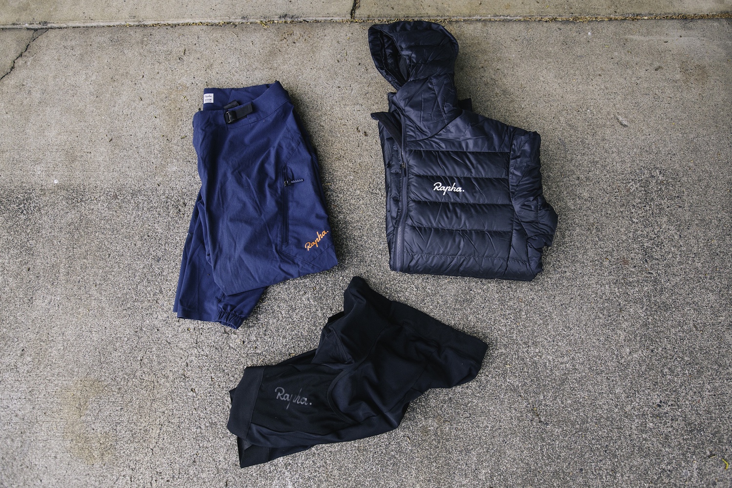 Rapha Thermal Baselayer, Core Cargo Shorts, Trail Pants + Explore Down Jacket