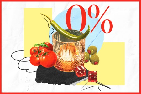 An illustration of a rocks glass surrounded by olives, dice, tomatoes and 0% text