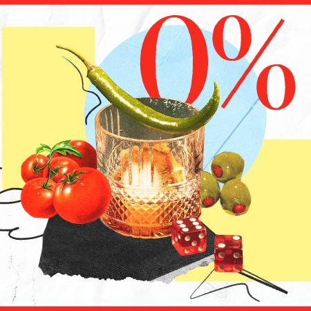 An illustration of a rocks glass surrounded by olives, dice, tomatoes and 0% text