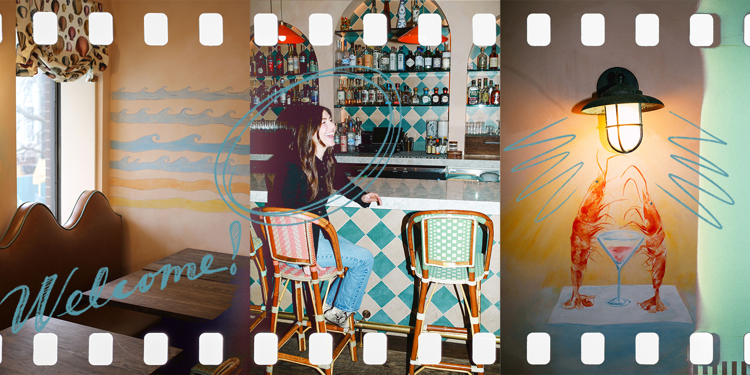 Photos of the inside of Flex Mussels, a restaurant on the Upper East Side, with owner Alexandra Shapiro in the middle