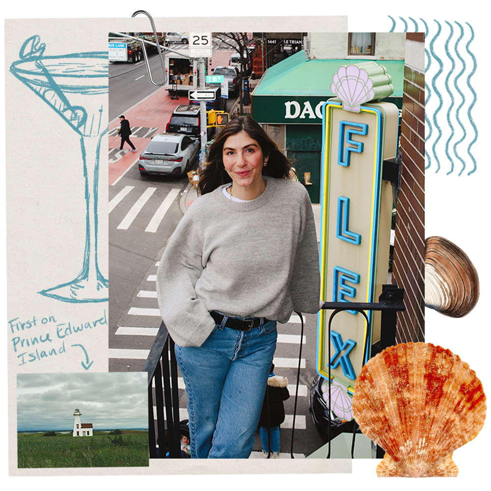 Alexandra Shapiro next to the sign for Flex Mussels, one of her two New York City restaurants