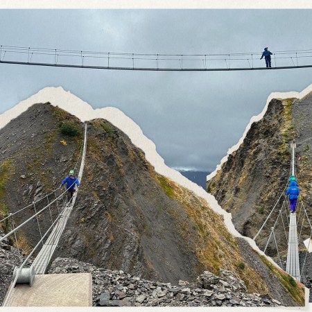 The two bridges overlook the stunning Chugach mountain range, more than 2,500 feet above the valley floor.