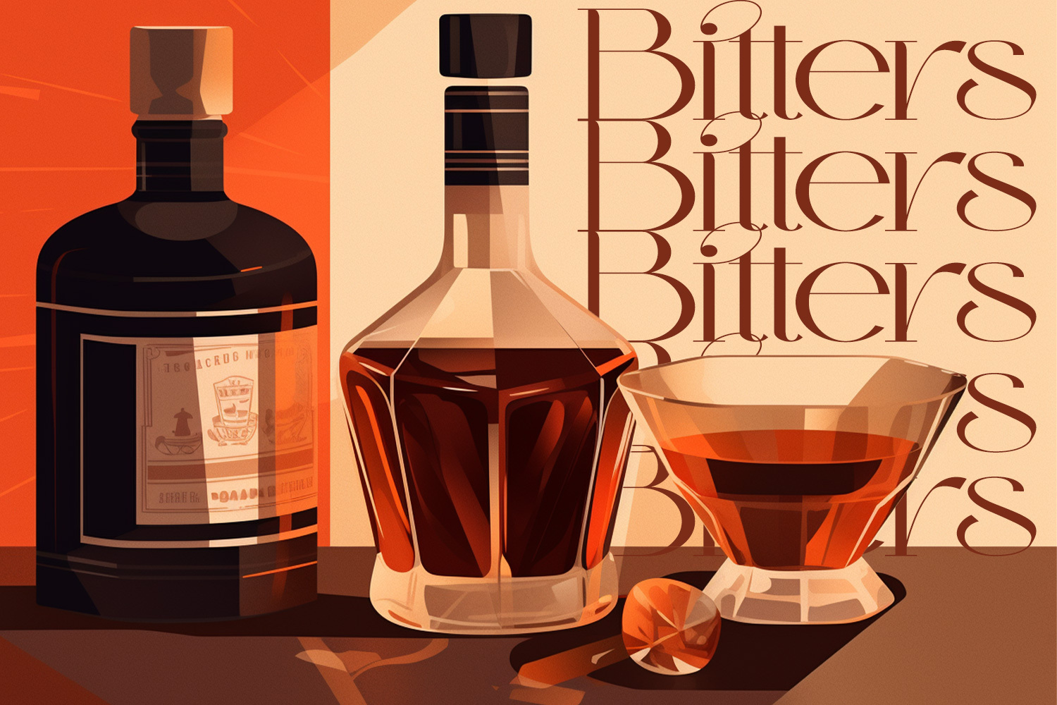 an illustration of two bottles next to a glass with the word bitters written in the background