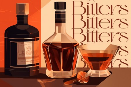 an illustration of two bottles next to a glass with the word bitters written in the background