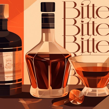 an illustration of two bottles next to a glass with the word bitters written in the background