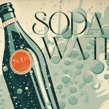 an illustration of a bottle of soda water with the text and bubbles behind it