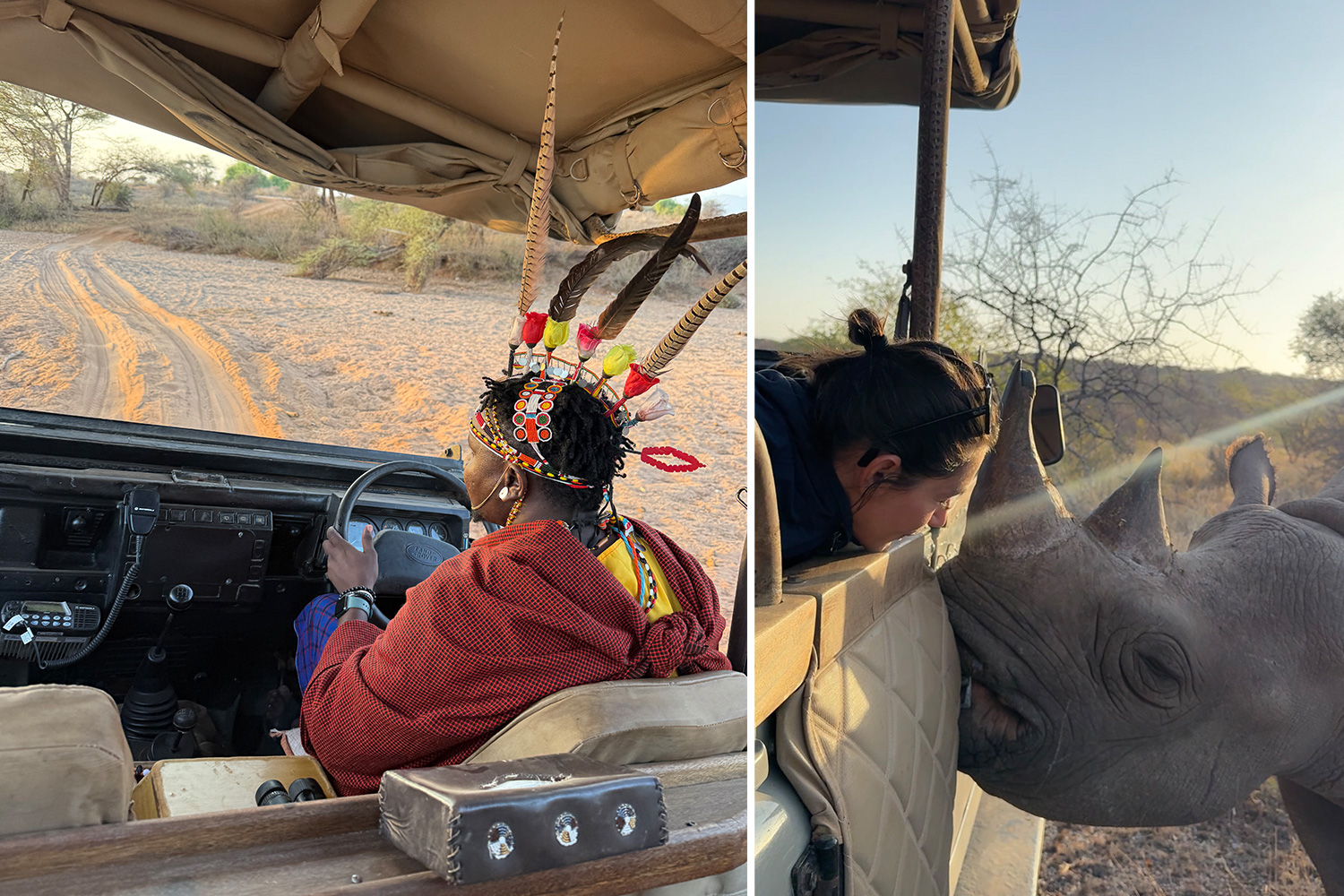 A safari guide driving a vehicle through the Naboisho Conservancy [left]. And Kinga Philipps looking at a rhinoceros on a safari [right].