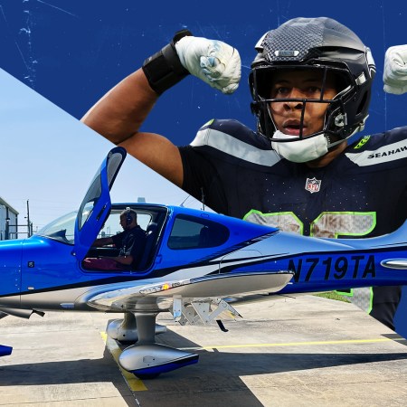 Above: Pharaoh Brown flexing in an NFL game: Below: Brown at the controls in a blue plane.