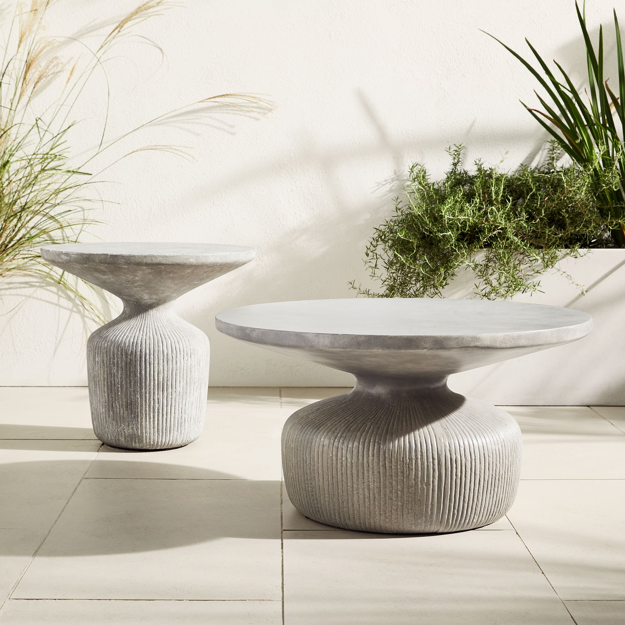 Tambor Concrete Outdoor Drum Coffee Table (30″–44″) & Side Table (21″) Set