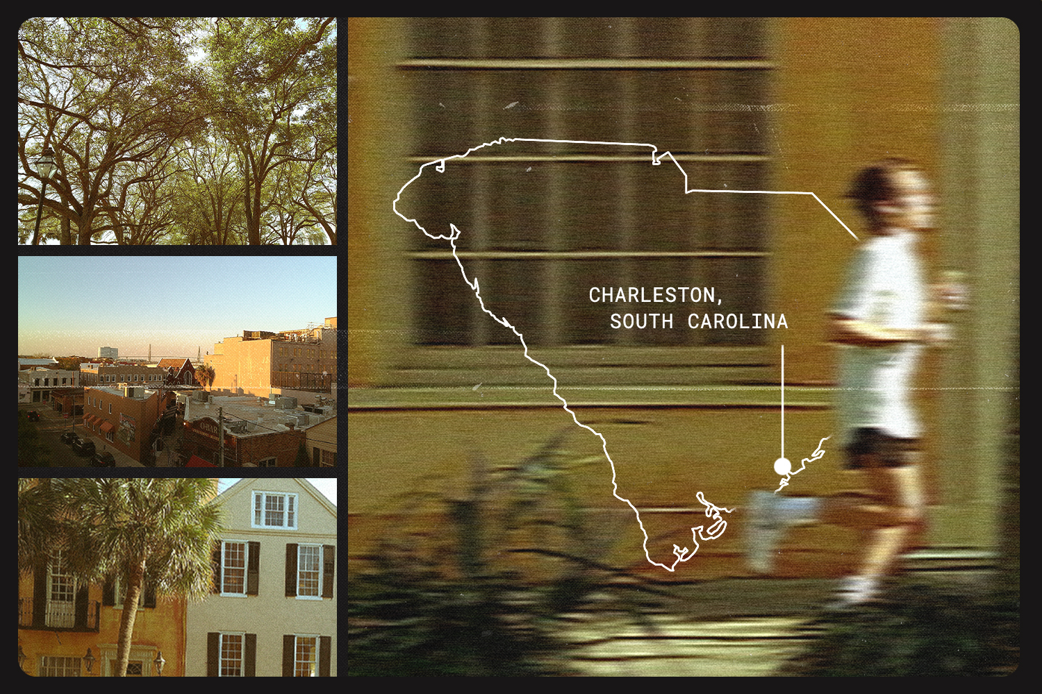 Runner in Charleston, South Carolina with illustrated map overlay and scenic city views.