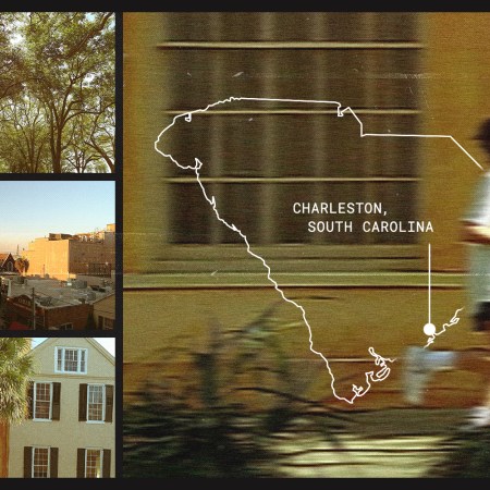 Runner in Charleston, South Carolina with illustrated map overlay and scenic city views.